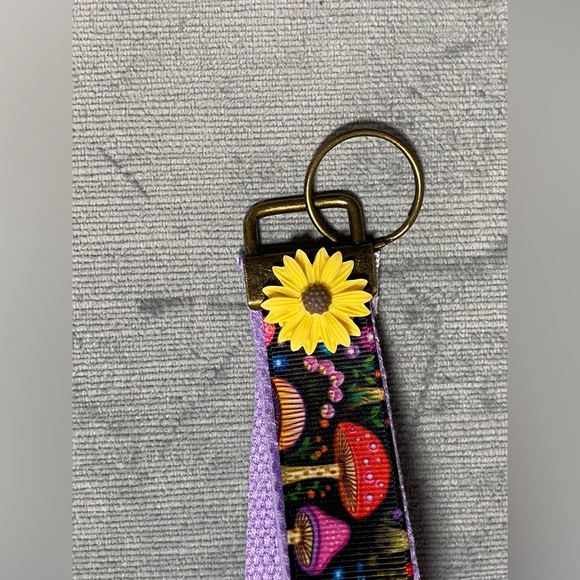 New handcrafted by me, neon mushroom rainbow wristlet with metal keychain, 6” - Picture 3 of 7